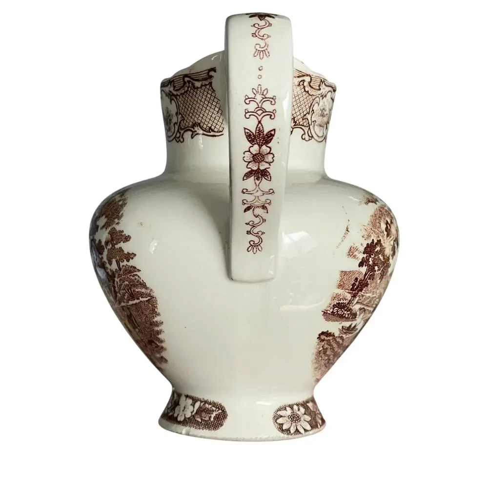 Brown Transferware Ironstone Pitcher & Plate Pastoral Vintage Small FLAWED